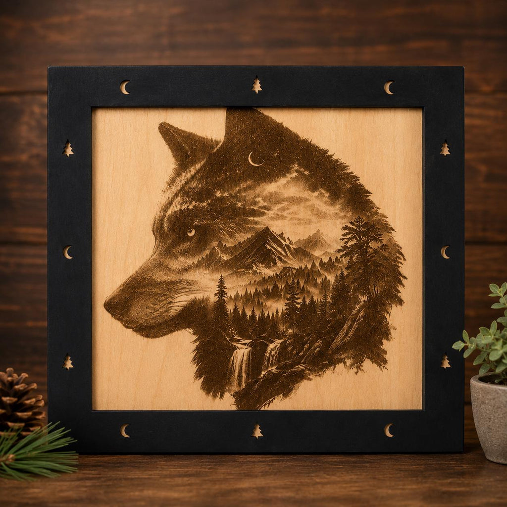 Laser Engraved Wolf Mountain Wood Art – Rustic Cabin Decor (11"x11")
