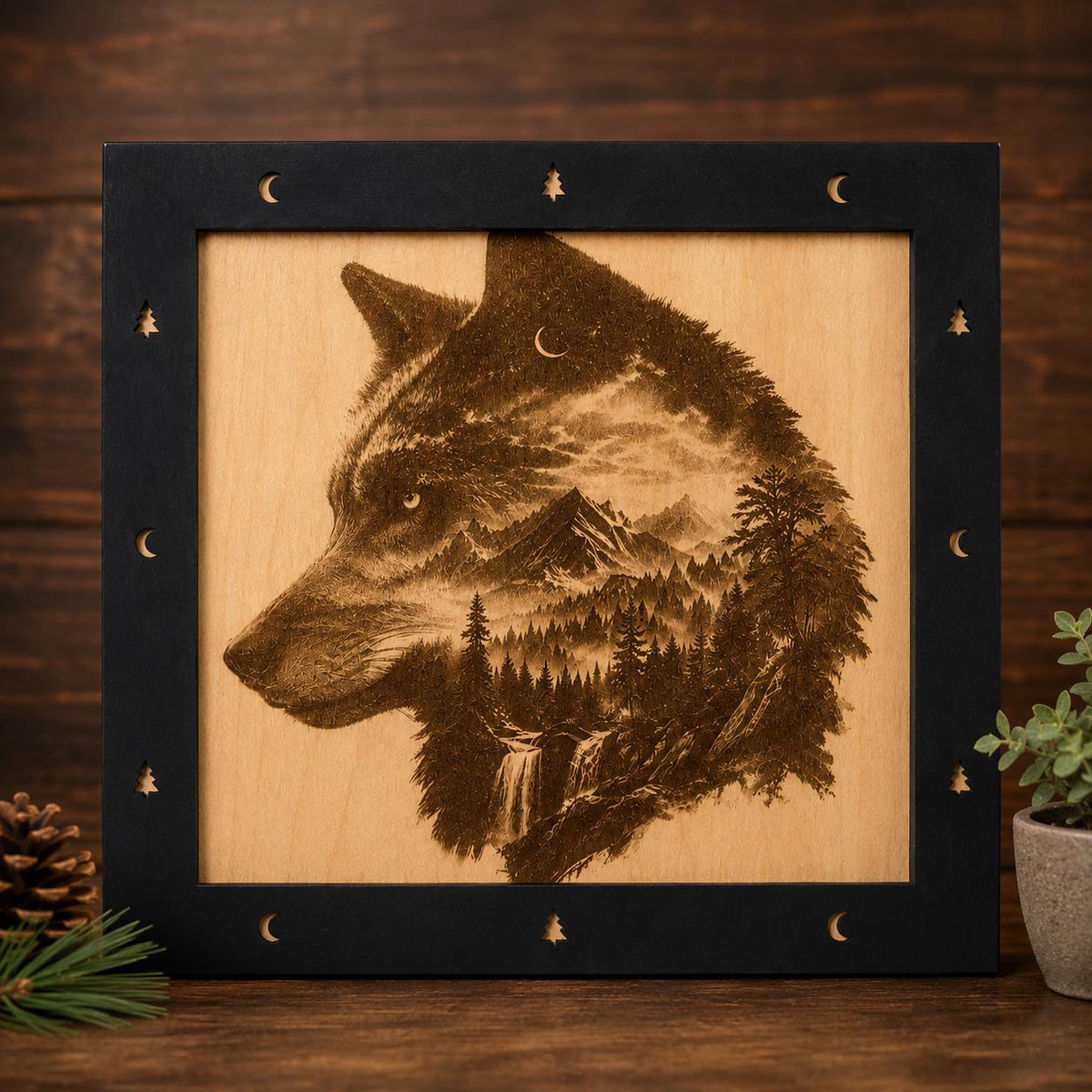 Laser Engraved Wolf Mountain Wood Art – Rustic Cabin Decor (11"x11")