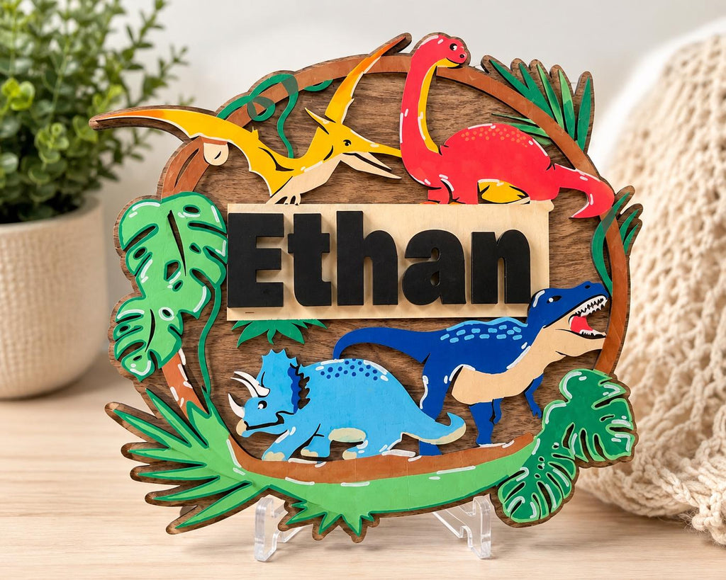 Personalized Dinosaur Name Sign, Laser Cut Hand Painted Wooden Nursery Decor