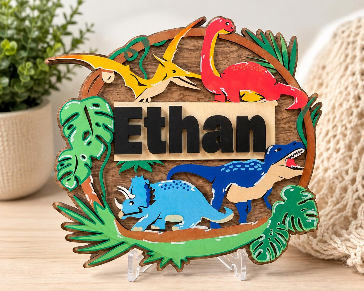 Personalized Dinosaur Name Sign, Laser Cut Hand Painted Wooden Nursery Decor
