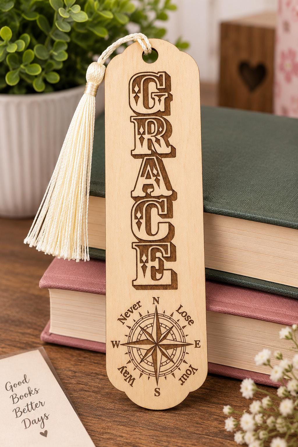 Laser Engraved Basswood Bookmark with Tassel, Inspirational Compass Design (Faith, Hope, Love, Grace)