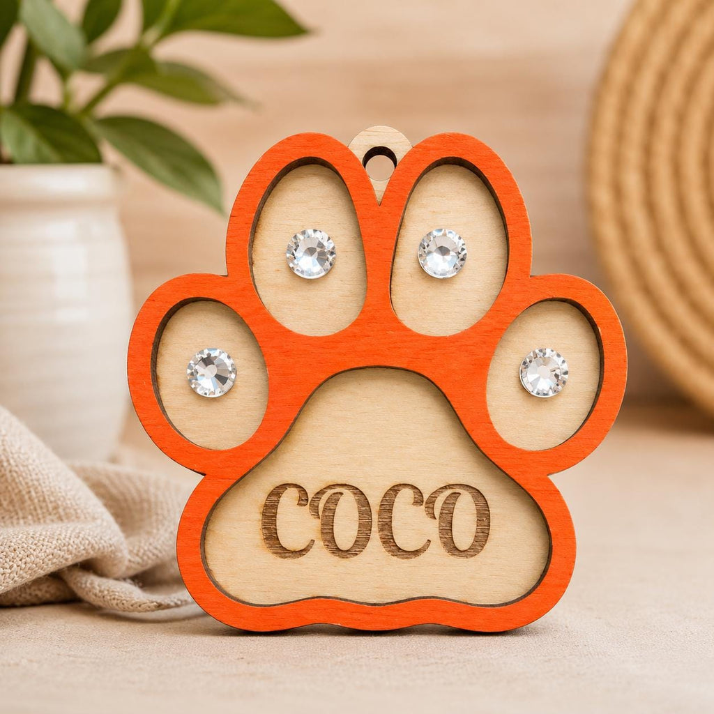 Personalized Wooden Paw Print Ornament – Laser Engraved Pet Name, Glass Stones Charm