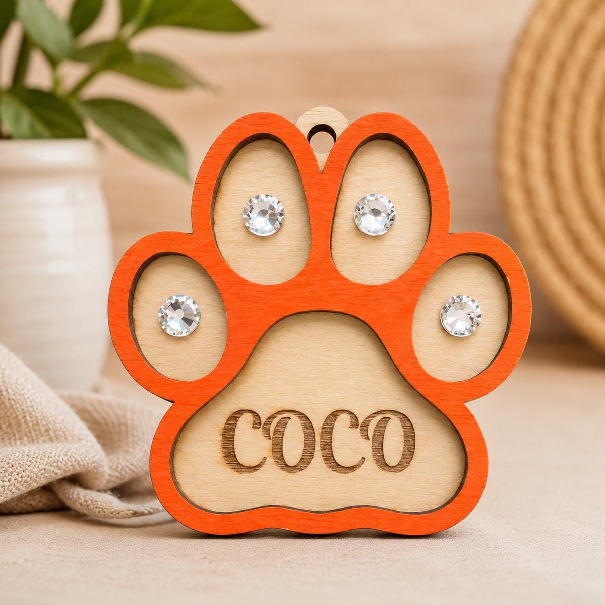 Personalized Wooden Paw Print Ornament – Laser Engraved Pet Name, Glass Stones Charm
