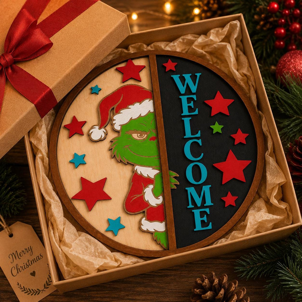 Grinch Christmas Welcome Sign, Multilayer Birch Wood Door Hanger, 3D Holiday Decor