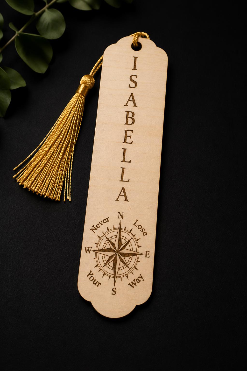 Custom Engraved Wooden Bookmark | Personalized Name, Compass Design, Tassel Detail