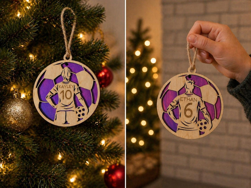 Personalized Soccer Player Ornament, Custom Wood Laser Cut Team Gift