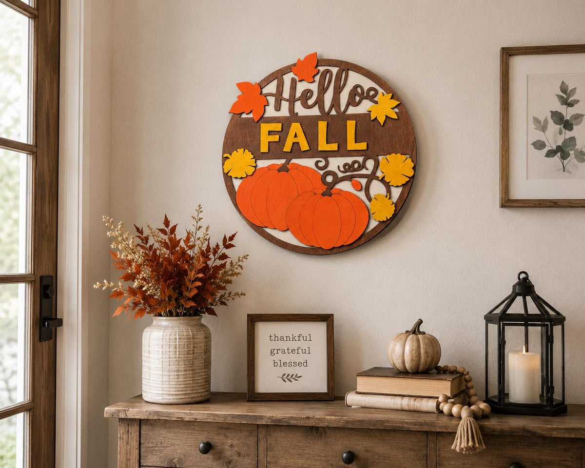 Multilayer Birch Wood Fall Sign, Pumpkin Sunflower Autumn Decor (11.875" H x 10.875" W)