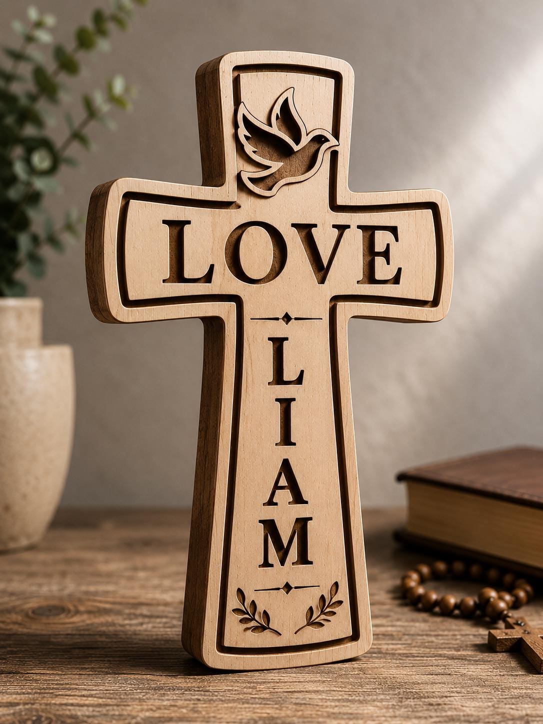 Personalized 3D Wooden Cross Decor, Love Dove Name Sign, Christian Faith Home Art