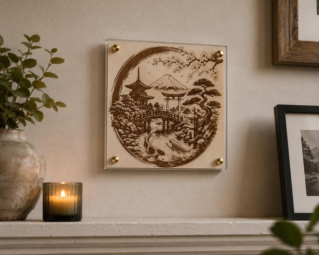 Japanese Geisha Wood Wall Art | Laser Engraved Koi, Cherry Blossoms (12x12")