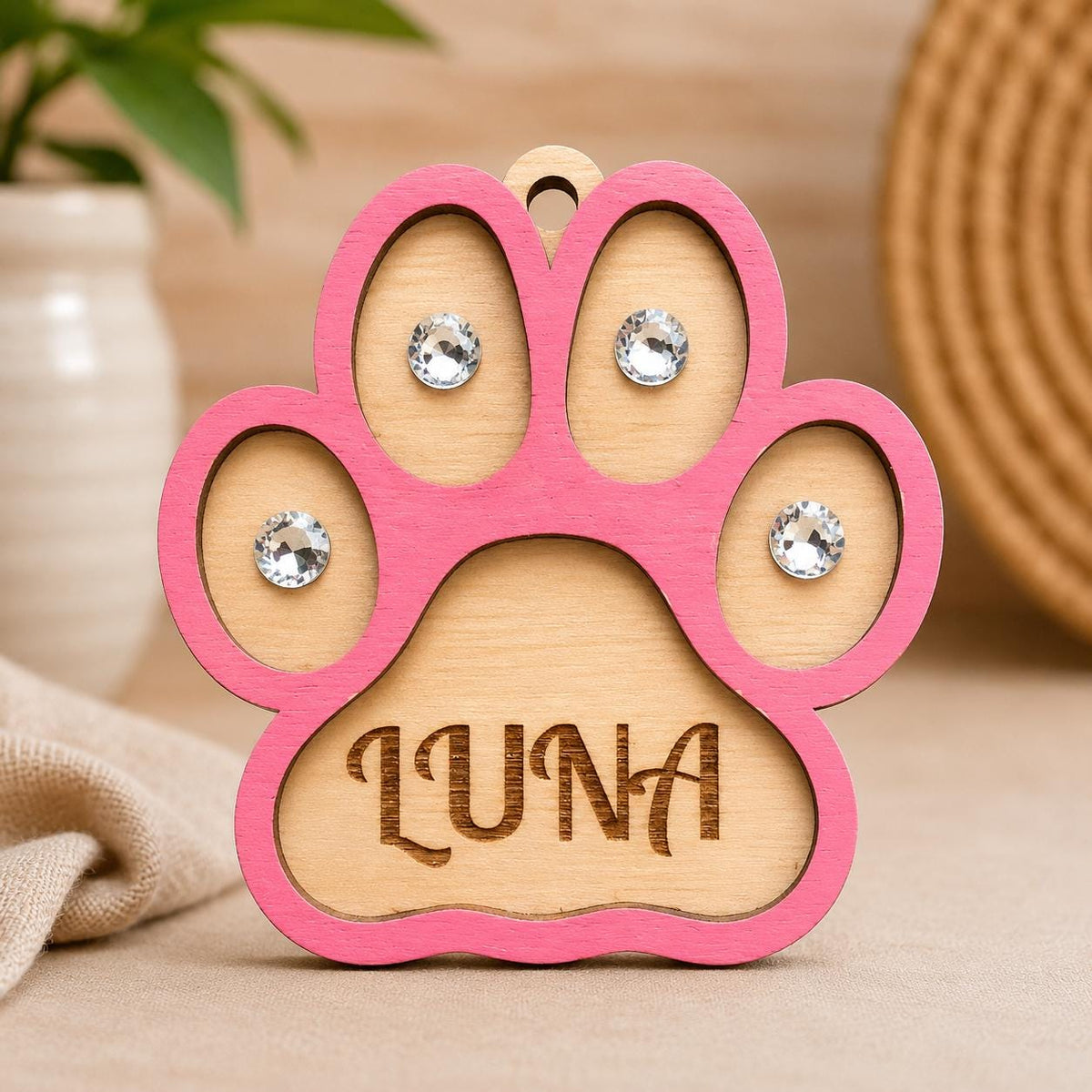 Personalized Wooden Paw Print Ornament – Laser Engraved Pet Name, Glass Stones Charm