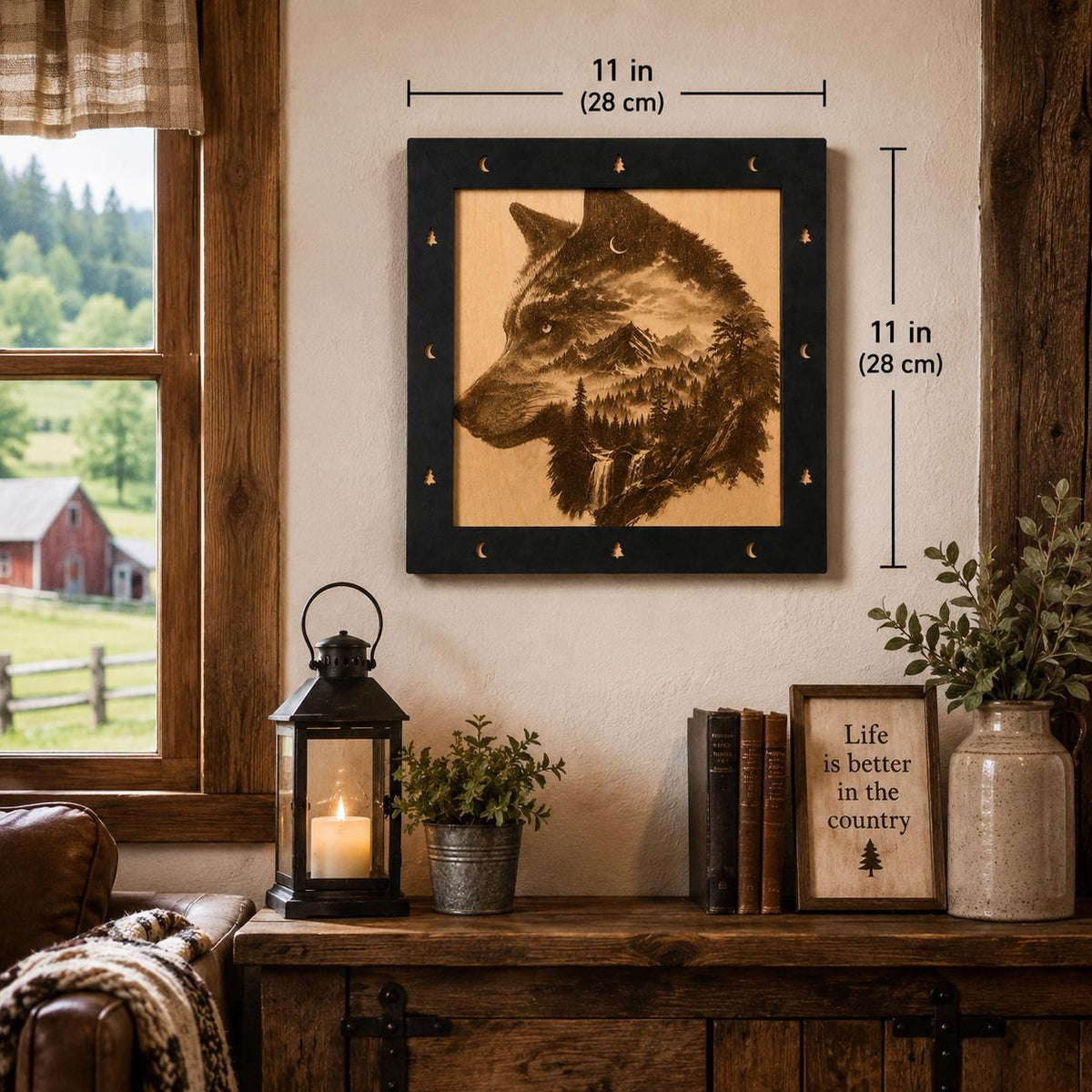 Laser Engraved Wolf Mountain Wood Art – Rustic Cabin Decor (11"x11")