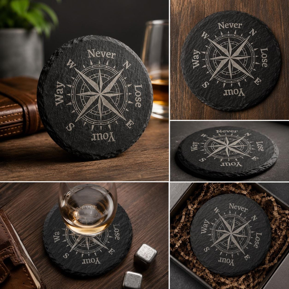 Never Lose Your Way Slate Coasters. Compass Engraved Drink Coasters