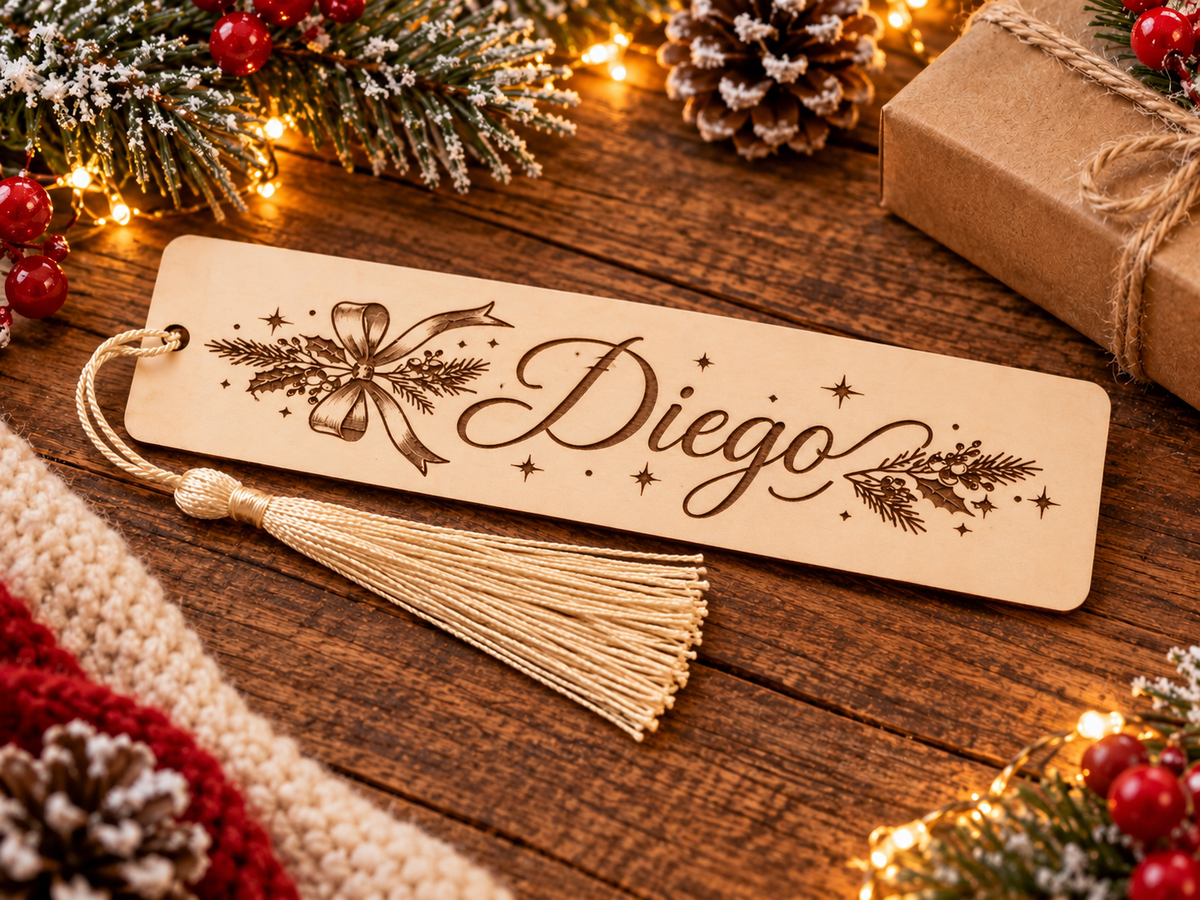 Personalized Christmas Wooden Bookmark with Name – Custom Engraved Holiday Bookmark with Tassel | Gift for Book Lovers