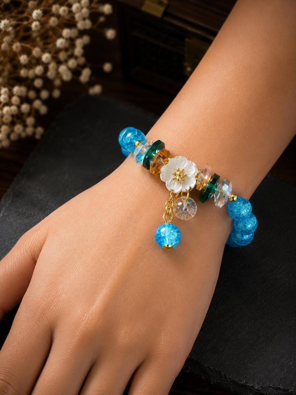 Beaded Stretch Bracelet with Butterfly Charm | Handmade Pink Crystal Jewelry