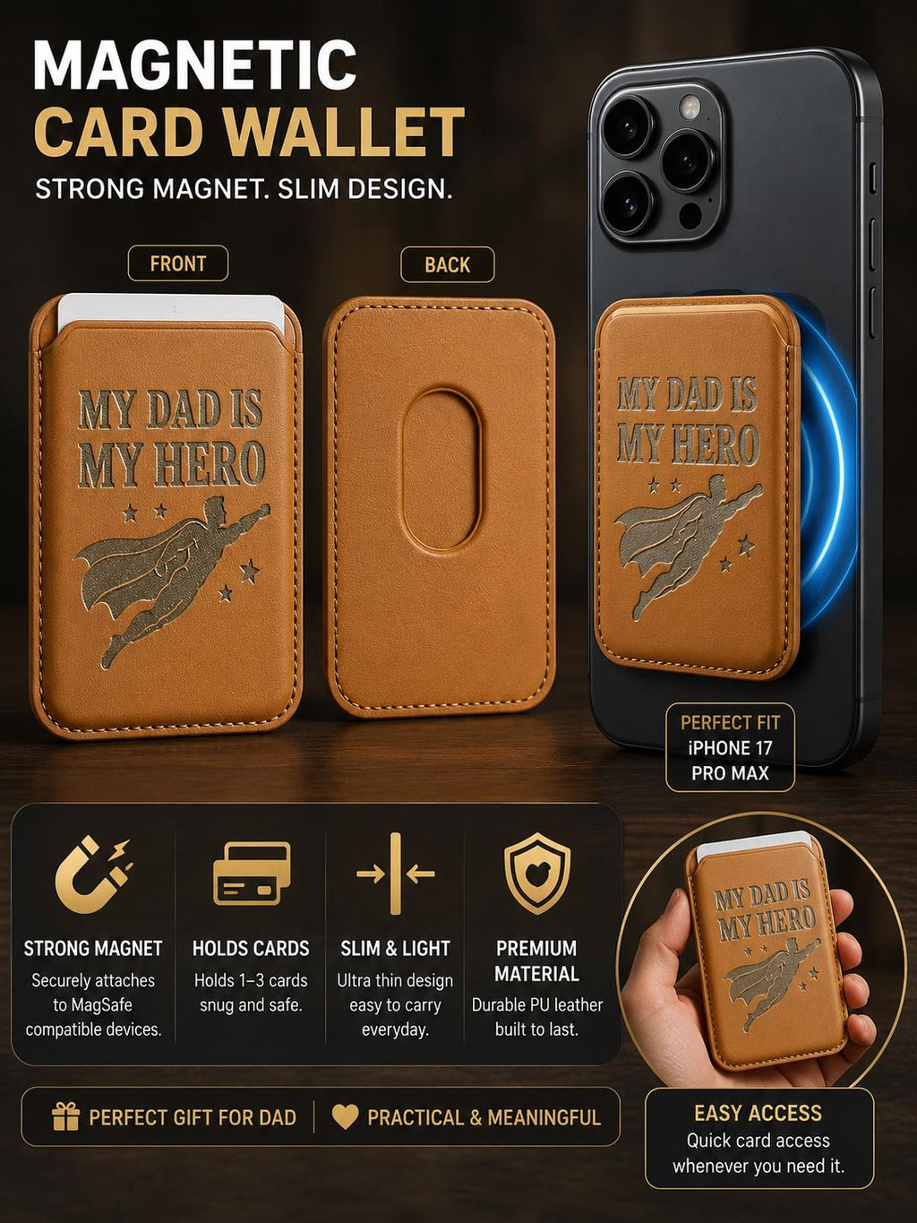 Magnetic Wallet for Dad – Engraved "My First Hero" Message, MagSafe Compatible