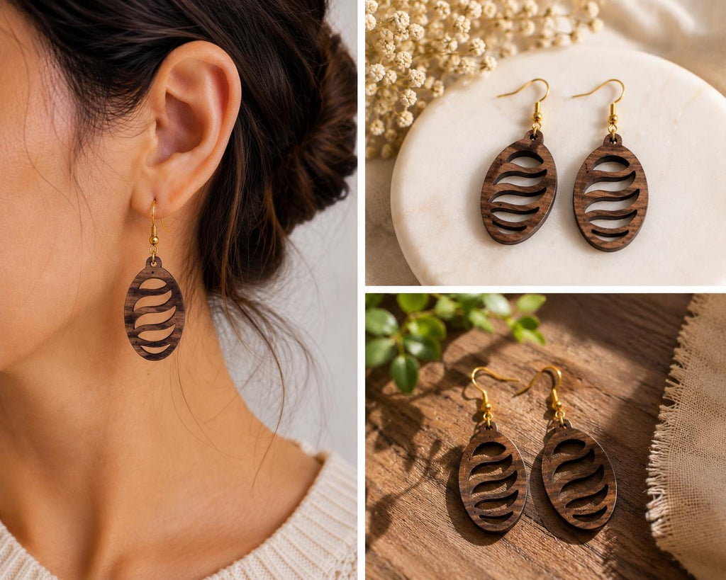 Handmade Walnut Wood Dangle Earrings | Laser Cut Lightweight Jewelry