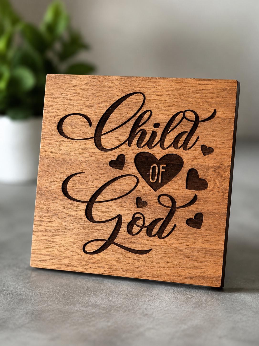 Christian "Child of God" Wood Coasters – Laser Engraved Faith Drinkware Set