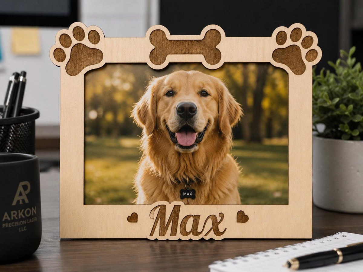 Personalized Dog Photo Frame – Engraved Wood, Paw Prints, Bone Design (Custom Name)