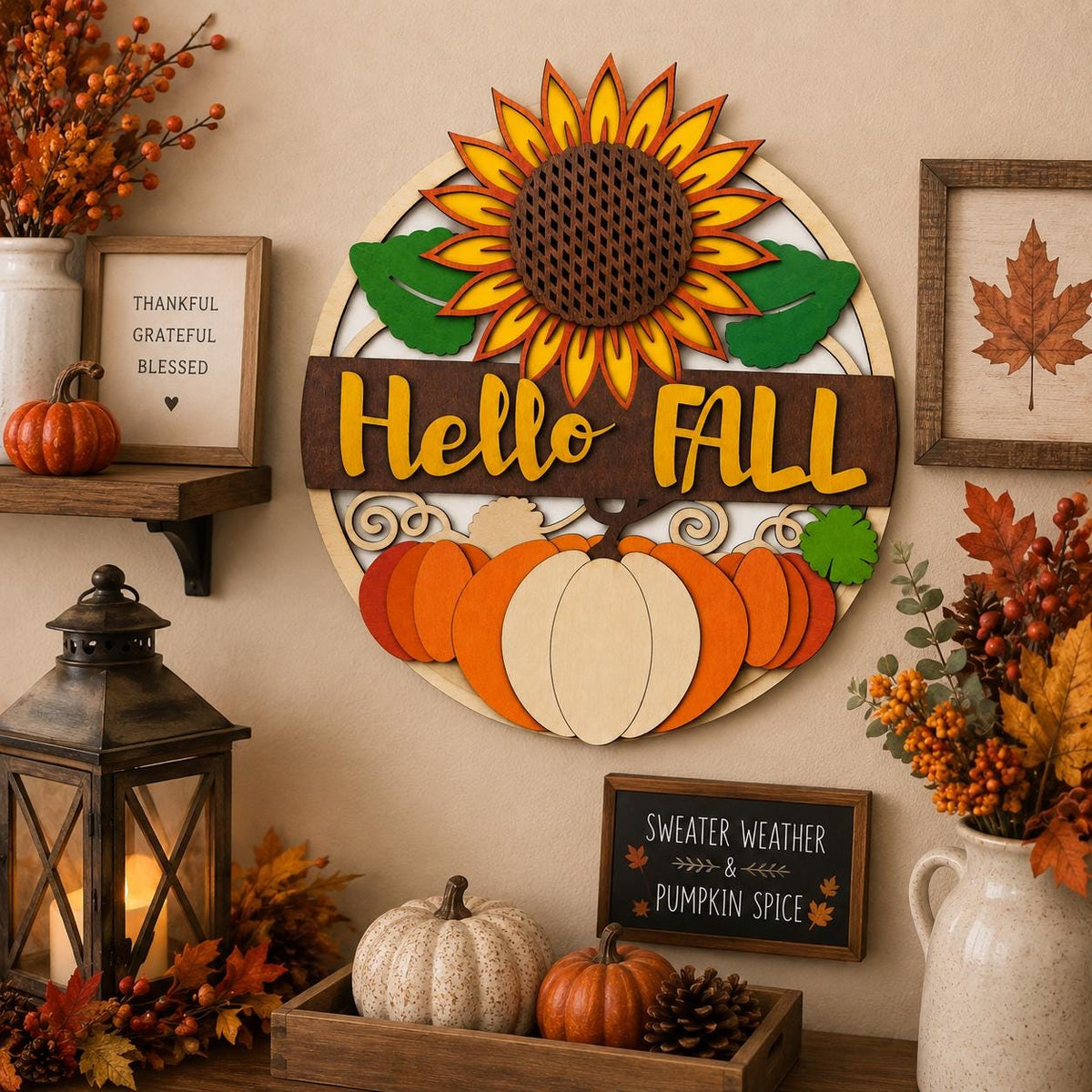 Multilayer Birch Wood Fall Sign, Pumpkin Sunflower Autumn Decor (11.875" H x 10.875" W)
