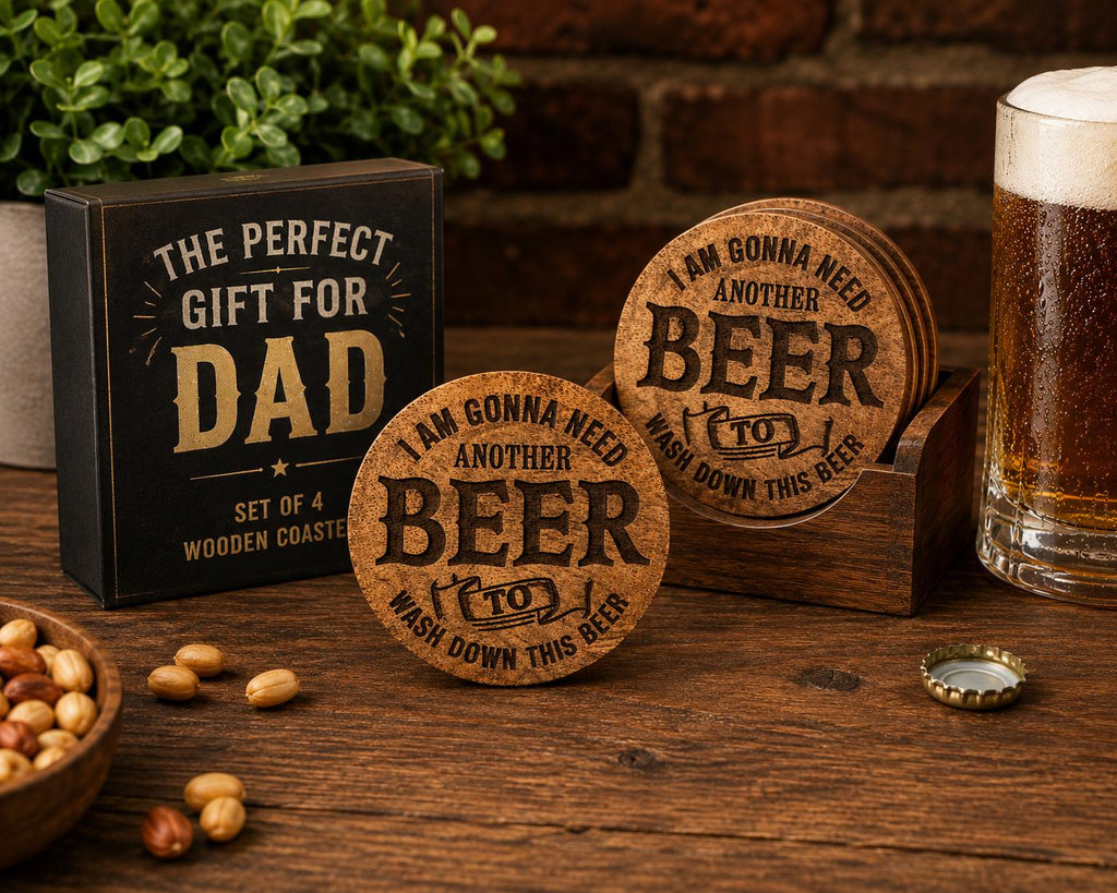 Funny Engraved Wooden Beer Coasters, Rustic Bar Decor, Set of 4