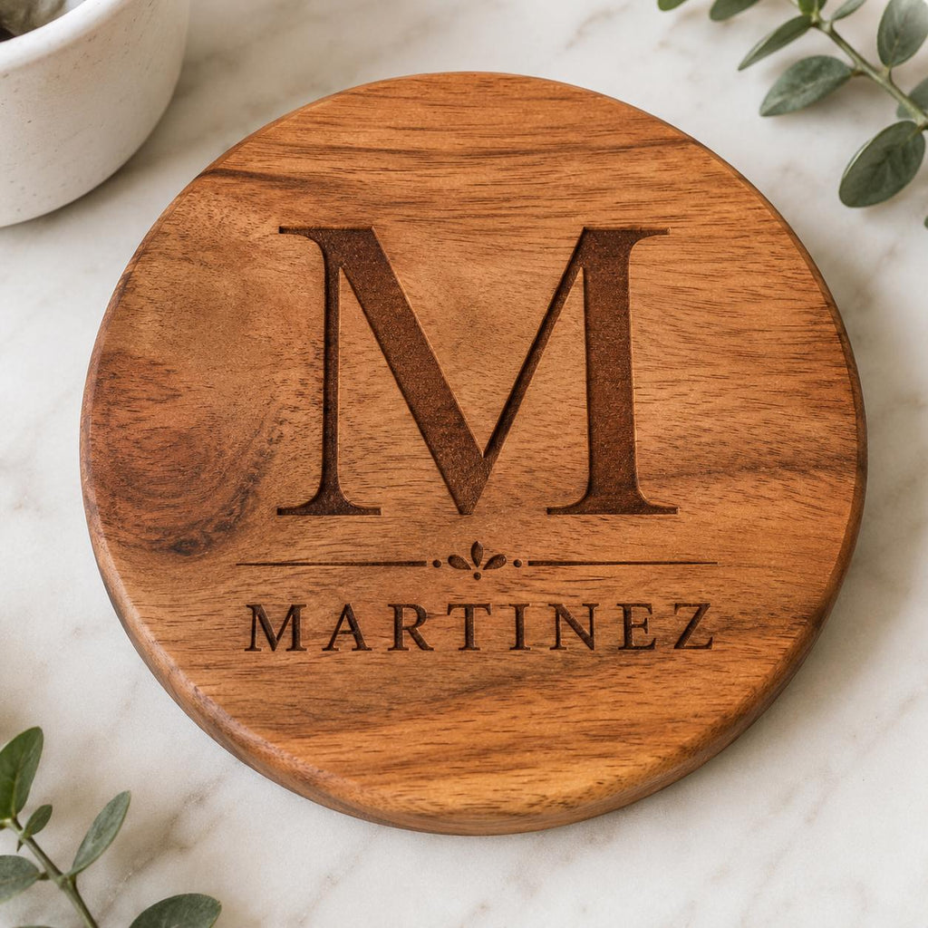 Personalized Acacia Wood Coaster Set, Custom Engraved Monogram, Wedding Housewarming Gift