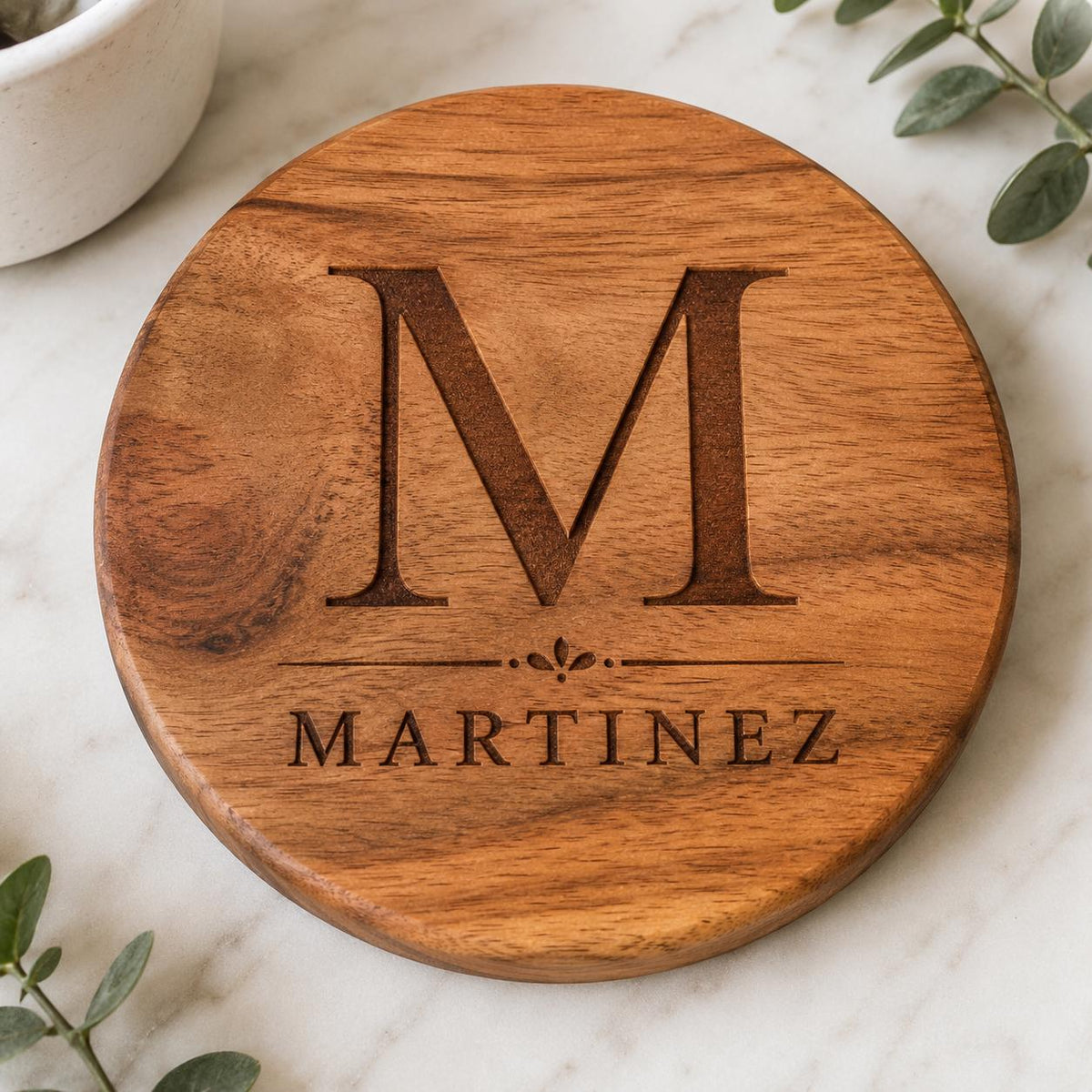 Personalized Acacia Wood Coaster Set, Custom Engraved Monogram, Wedding Housewarming Gift