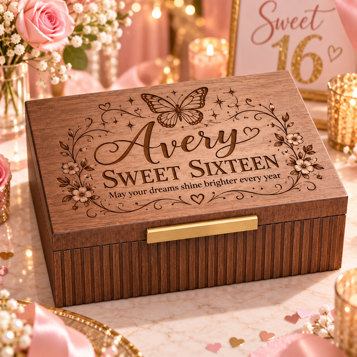 Custom Engraved Keepsake Box for Quinceanera & Sweet 16 – Personalized Memory Box Gift