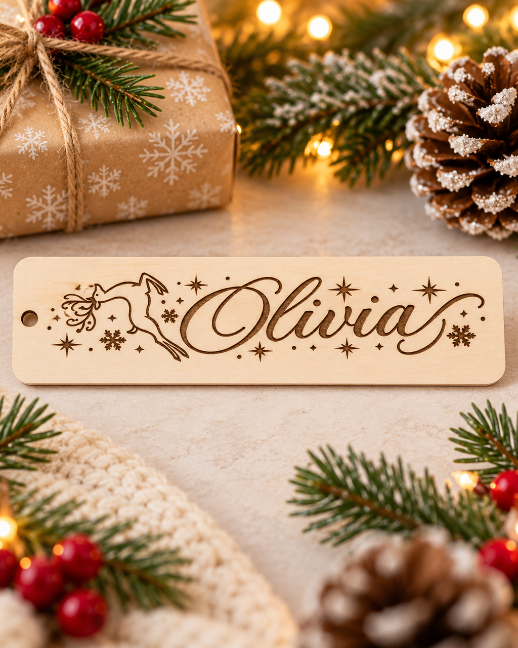 Personalized Christmas Wooden Bookmark with Name – Custom Engraved Holiday Bookmark with Tassel | Gift for Book Lovers