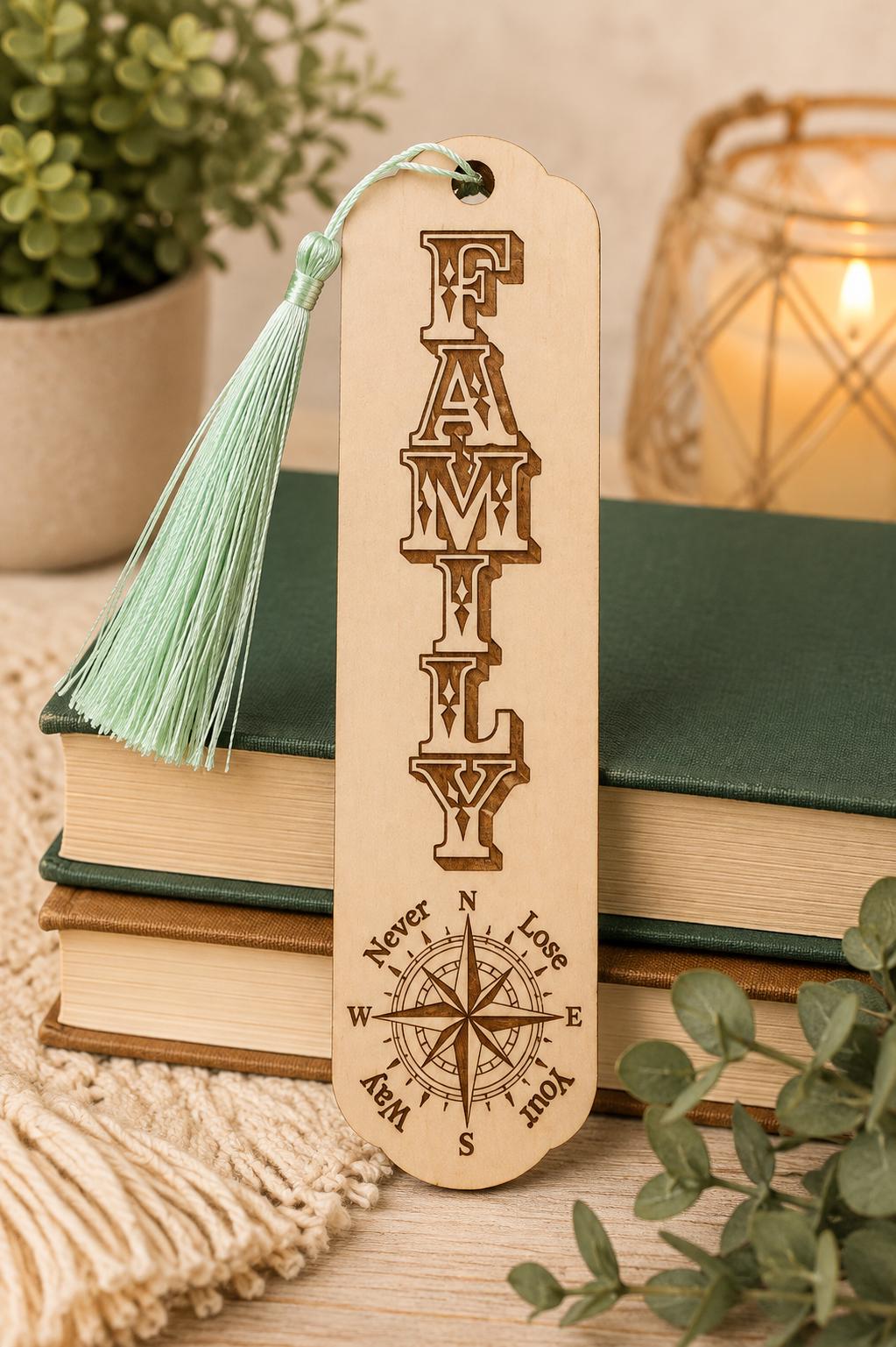 Laser Engraved Basswood Bookmark with Tassel, Inspirational Compass Design (Faith, Hope, Love, Grace)