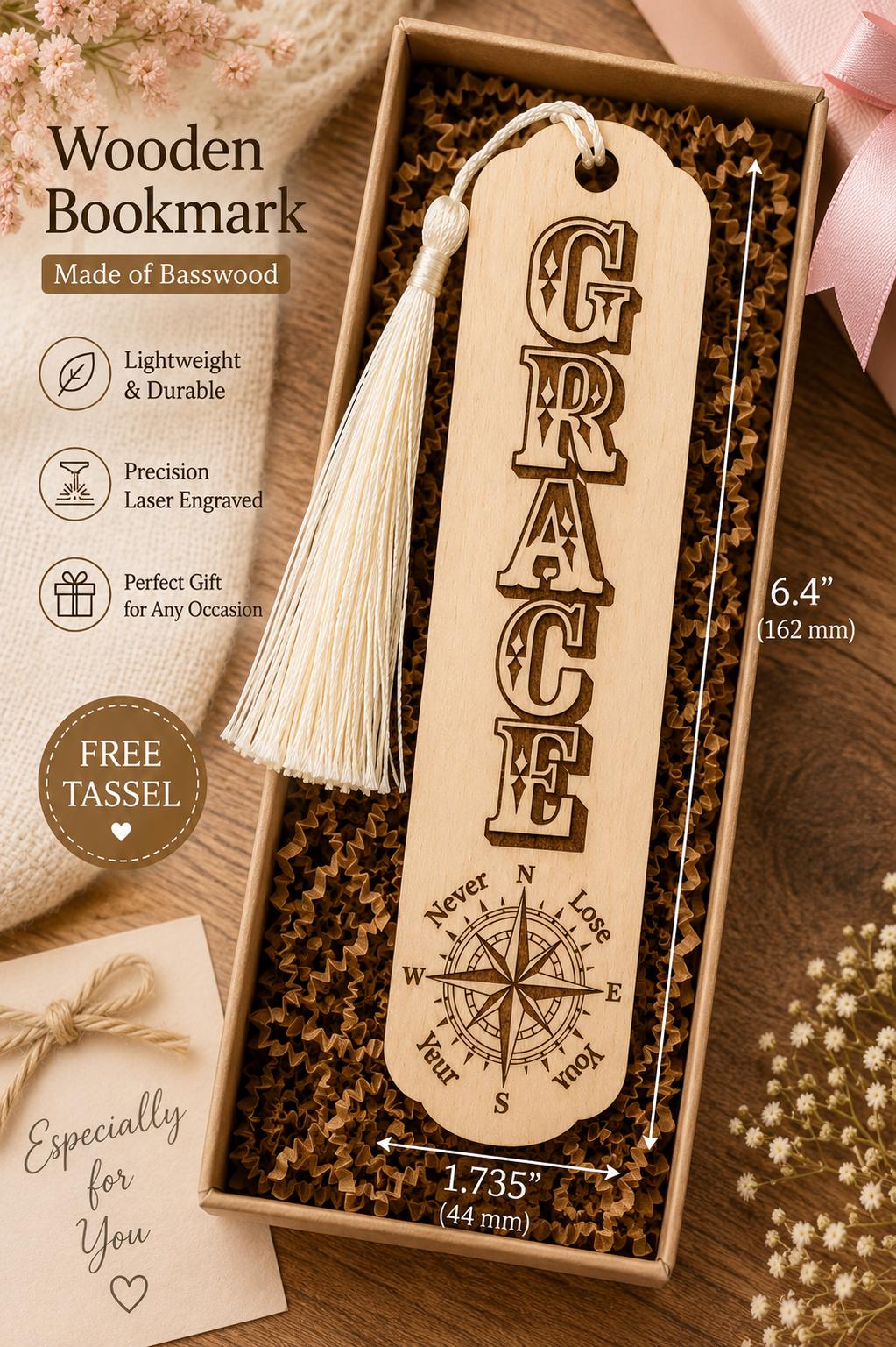 Laser Engraved Basswood Bookmark with Tassel, Inspirational Compass Design (Faith, Hope, Love, Grace)