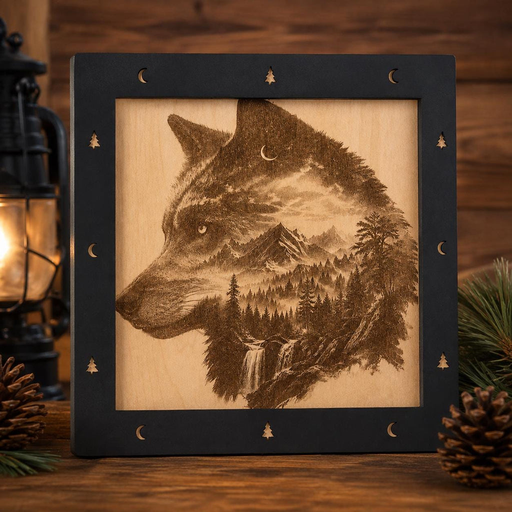 Laser Engraved Wolf Mountain Wood Art – Rustic Cabin Decor (11"x11")