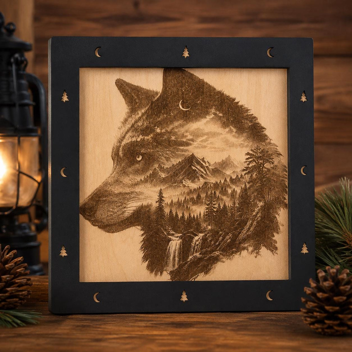 Laser Engraved Wolf Mountain Wood Art – Rustic Cabin Decor (11"x11")