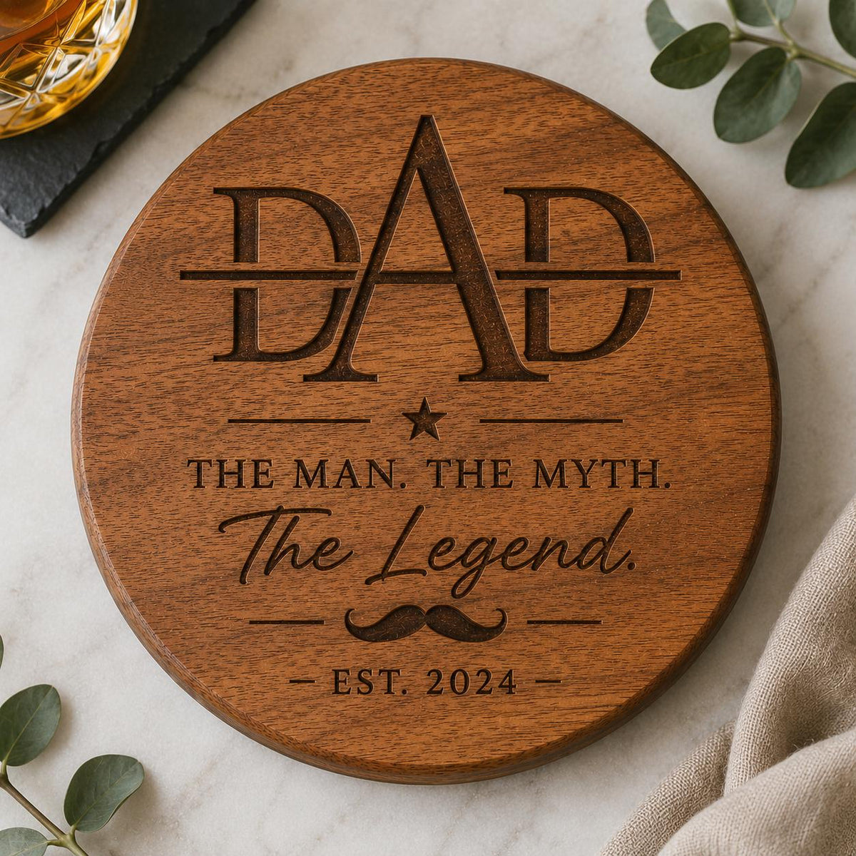 Personalized Acacia Wood Coaster Set, Custom Engraved Monogram, Wedding Housewarming Gift