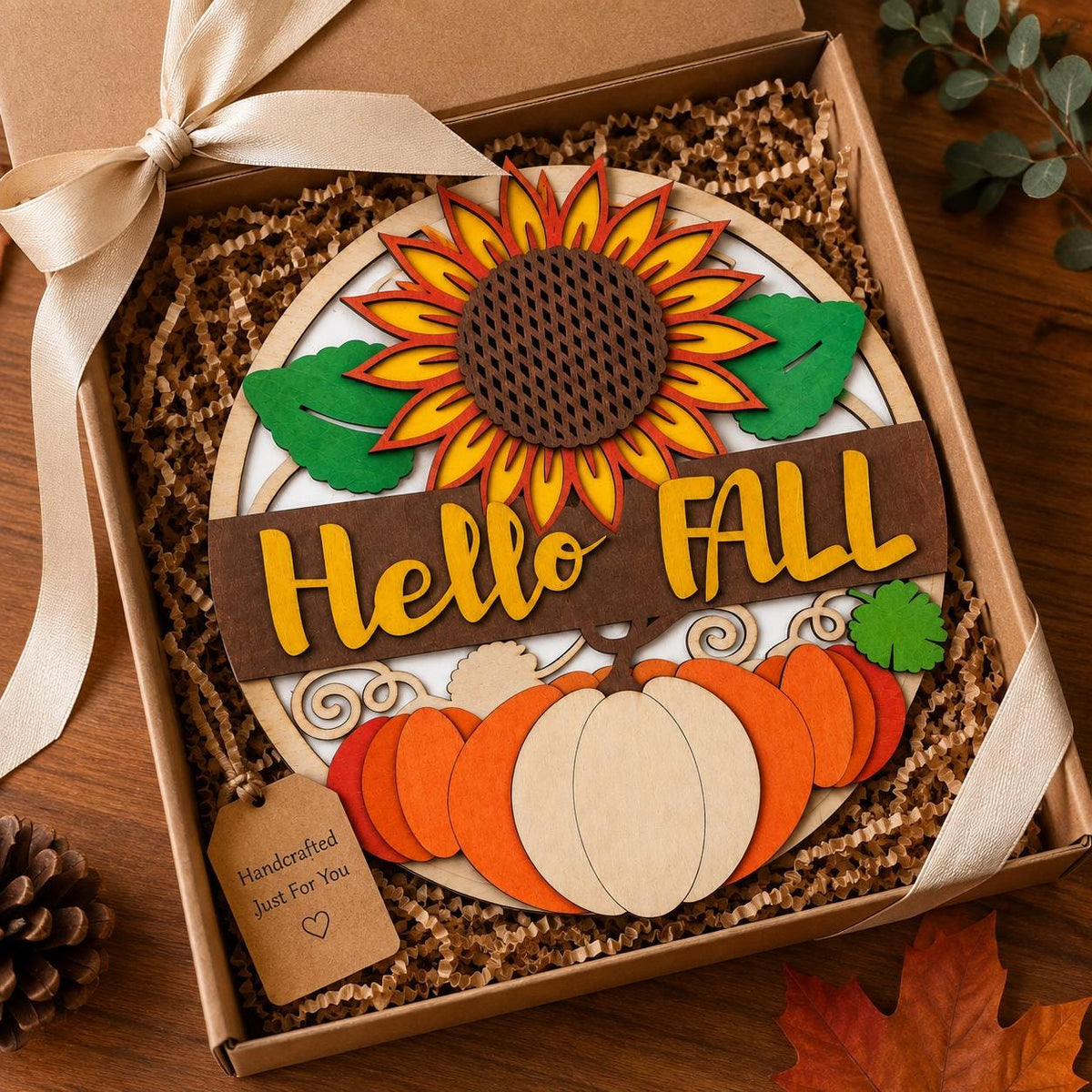 Multilayer Birch Wood Fall Sign, Pumpkin Sunflower Autumn Decor (11.875" H x 10.875" W)