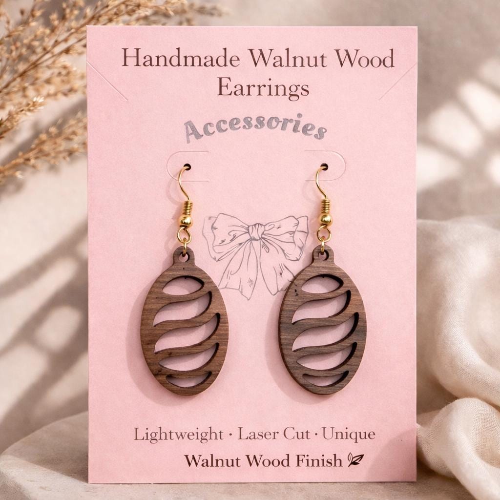 Handmade Walnut Wood Dangle Earrings | Laser Cut Lightweight Jewelry