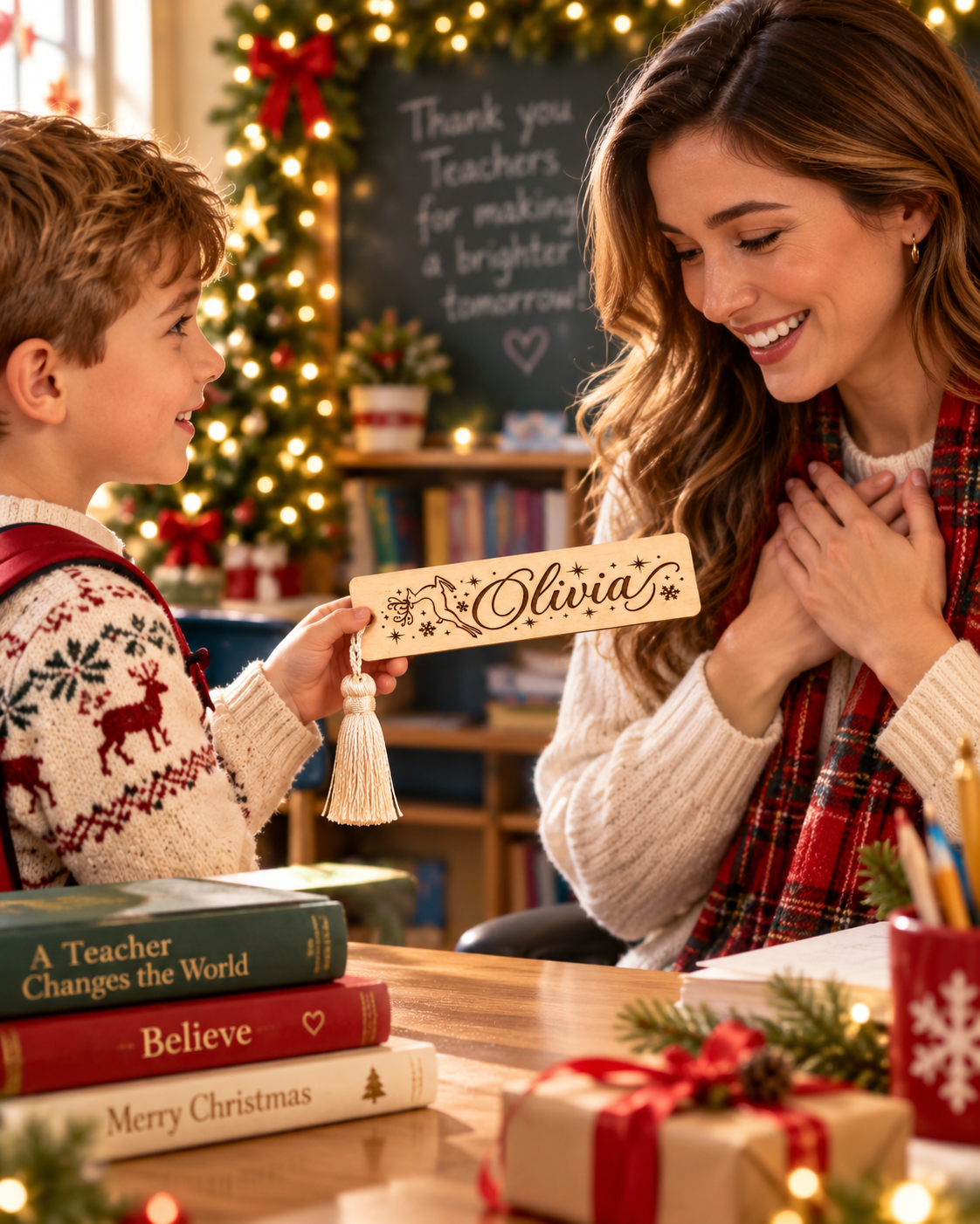 Personalized Christmas Wooden Bookmark with Name – Custom Engraved Holiday Bookmark with Tassel | Gift for Book Lovers