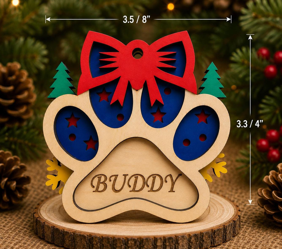 Personalized Wooden Paw Print Ornament – Laser Engraved Pet Name