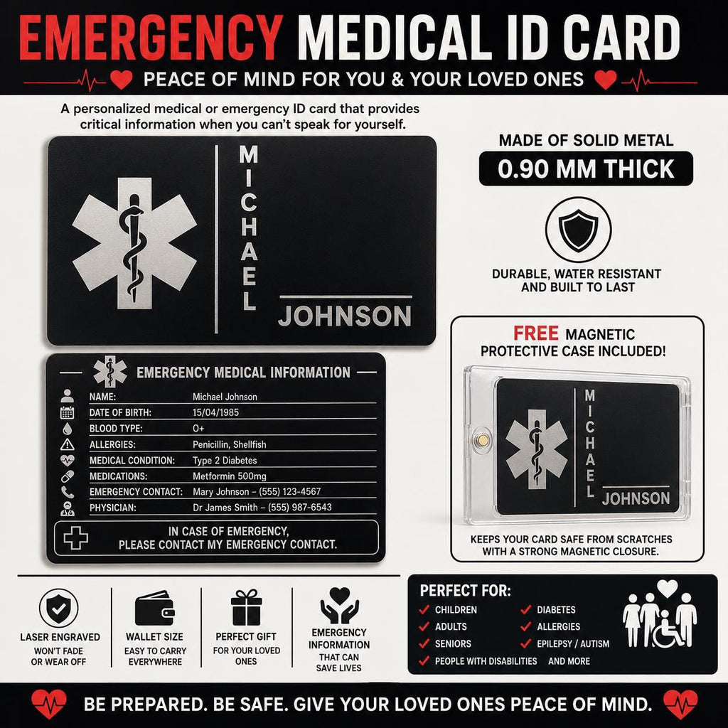 Personalized Emergency Medical ID Card with Free Magnetic Storage Case