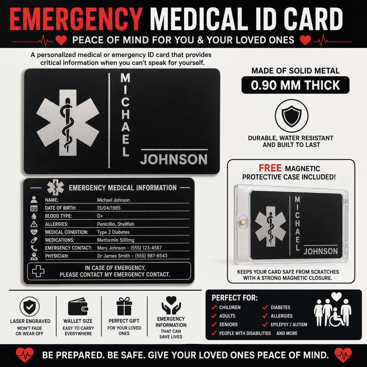 Personalized Emergency Medical ID Card with Free Magnetic Storage Case