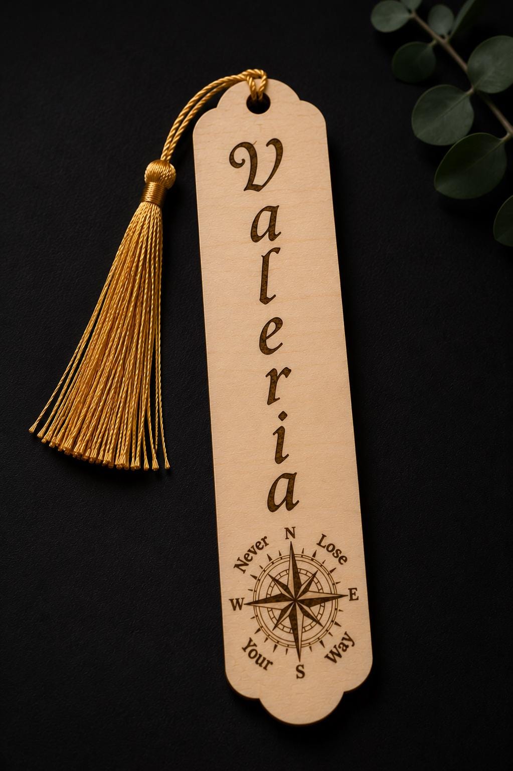 Custom Engraved Wooden Bookmark | Personalized Name, Compass Design, Tassel Detail
