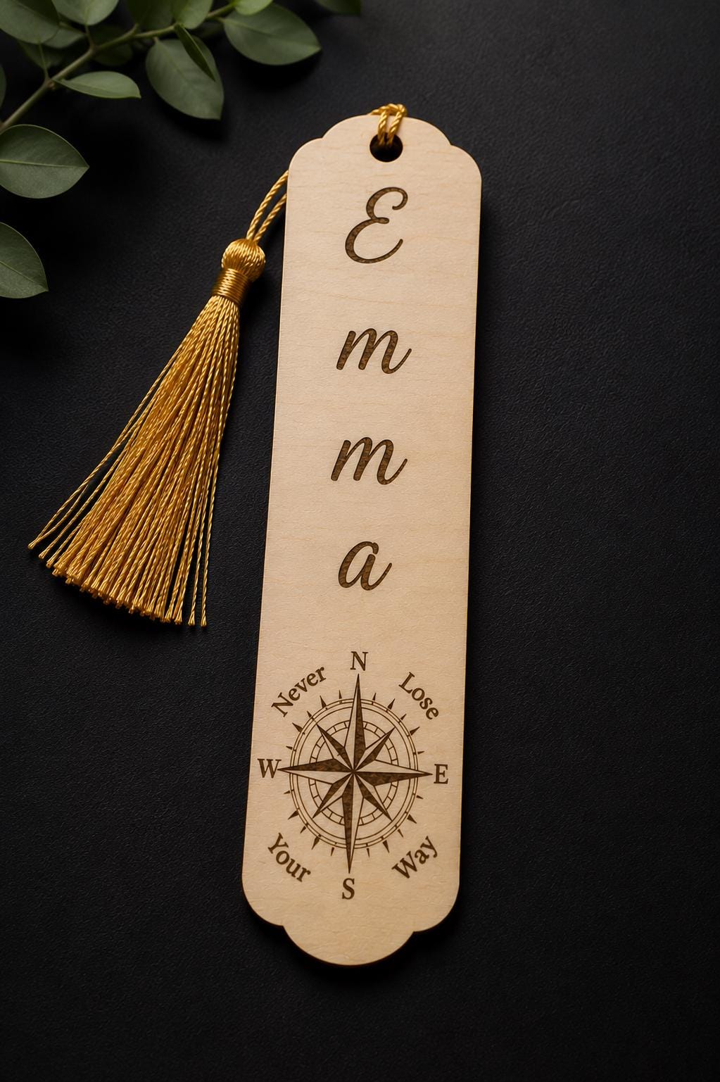 Custom Engraved Wooden Bookmark | Personalized Name, Compass Design, Tassel Detail