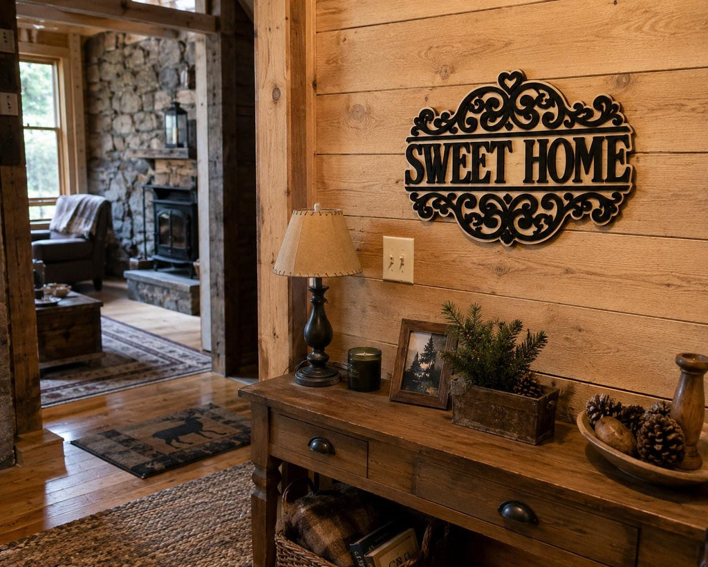 3-Layer Birch Wood Sweet Home Sign, Farmhouse Entryway Decor, Laser-Cut Wall Art