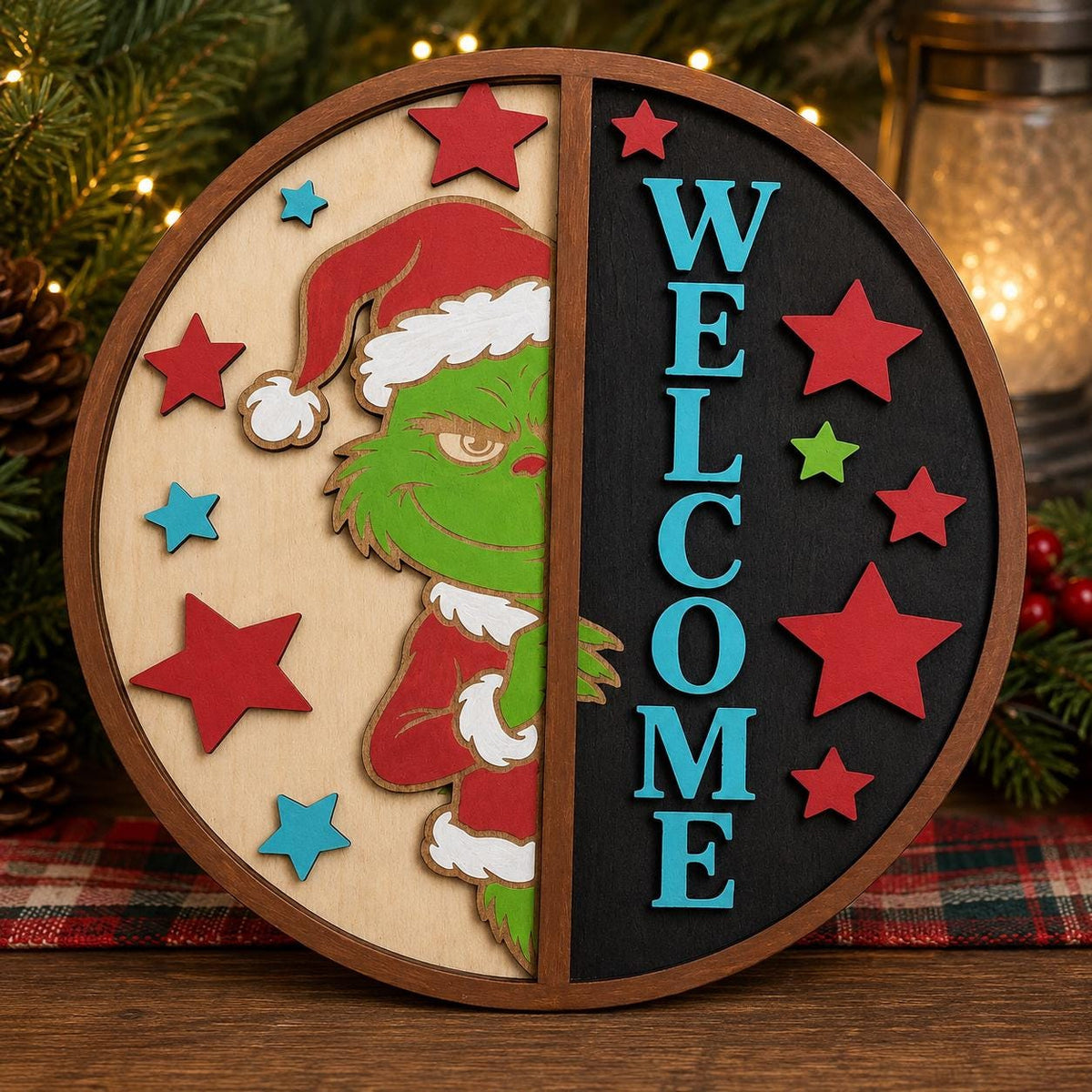 Grinch Christmas Welcome Sign, Multilayer Birch Wood Door Hanger, 3D Holiday Decor