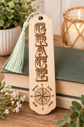 Laser Engraved Basswood Bookmark with Tassel, Inspirational Compass Design (Faith, Hope, Love, Grace)