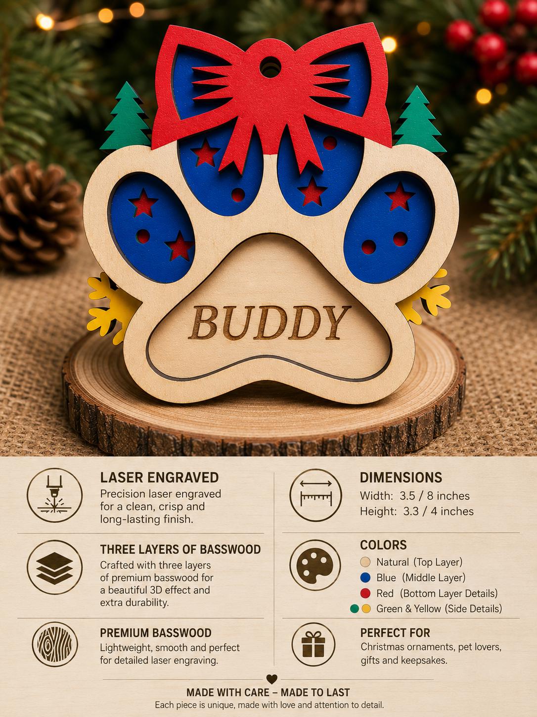Personalized Wooden Paw Print Ornament – Laser Engraved Pet Name