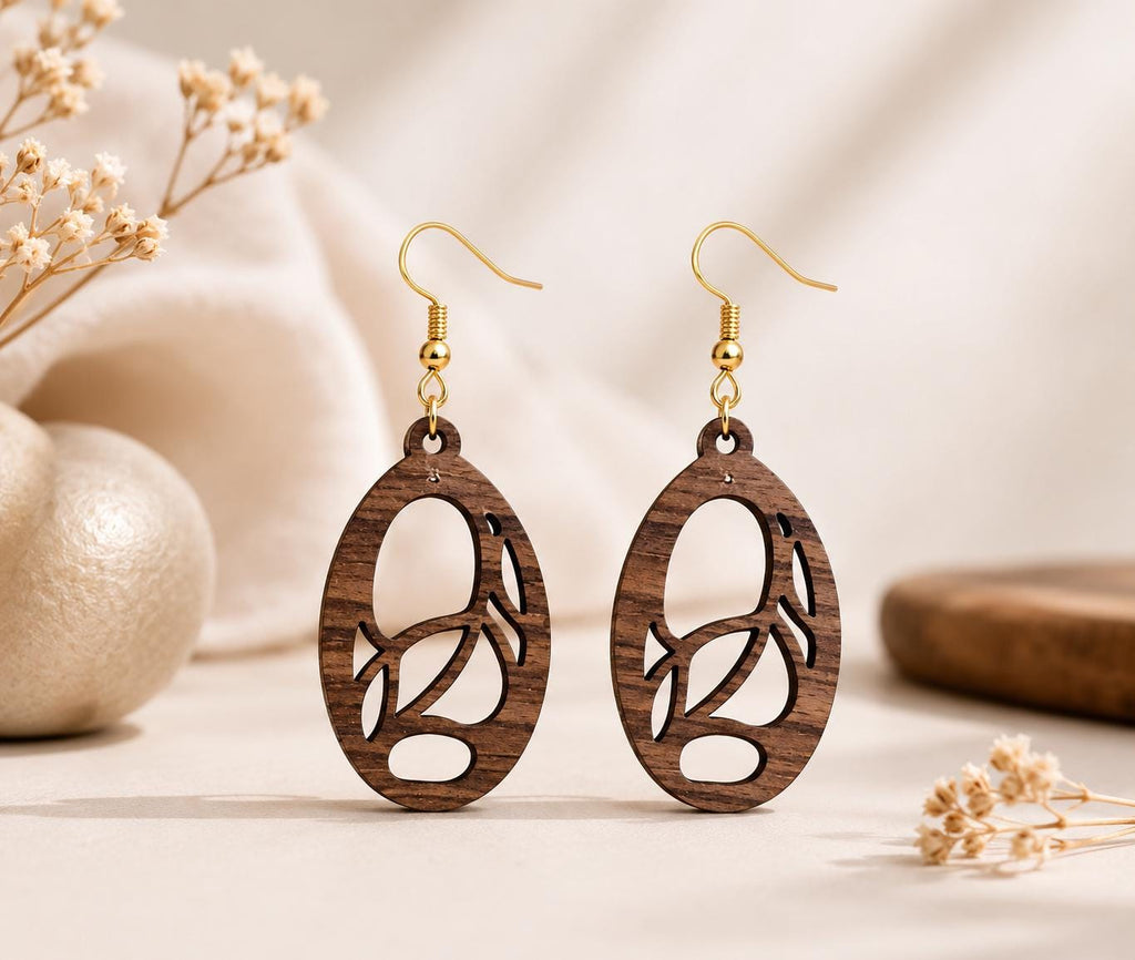 Handmade Walnut Wood Dangle Earrings | Laser Cut Lightweight Jewelry