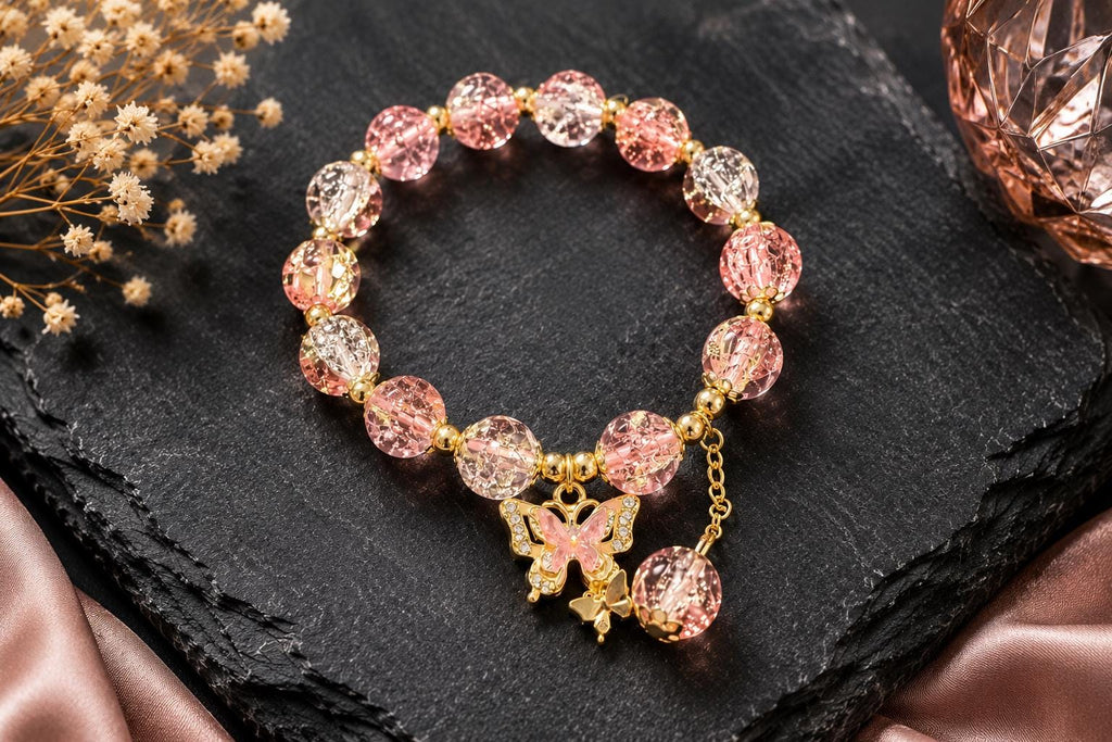 Beaded Stretch Bracelet with Butterfly Charm | Handmade Pink Crystal Jewelry