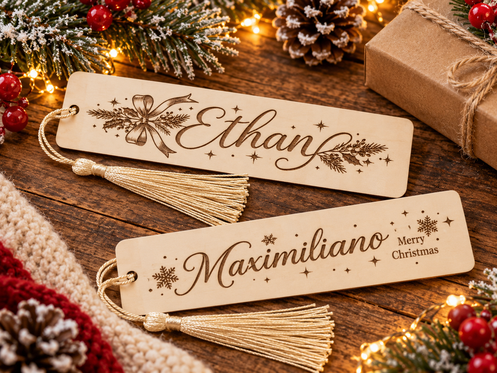 Personalized Christmas Wooden Bookmark with Name – Custom Engraved Holiday Bookmark with Tassel | Gift for Book Lovers