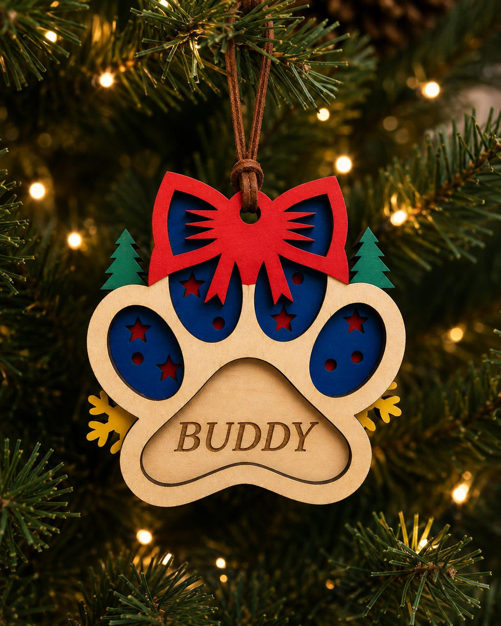 Personalized Wooden Paw Print Ornament – Laser Engraved Pet Name