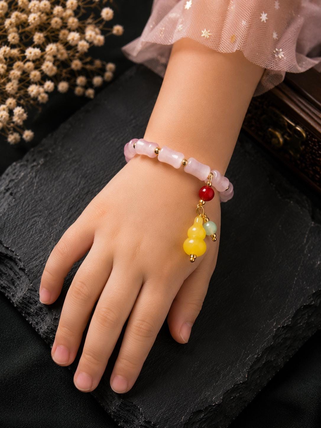 Beaded Stretch Bracelet with Butterfly Charm | Handmade Pink Crystal Jewelry